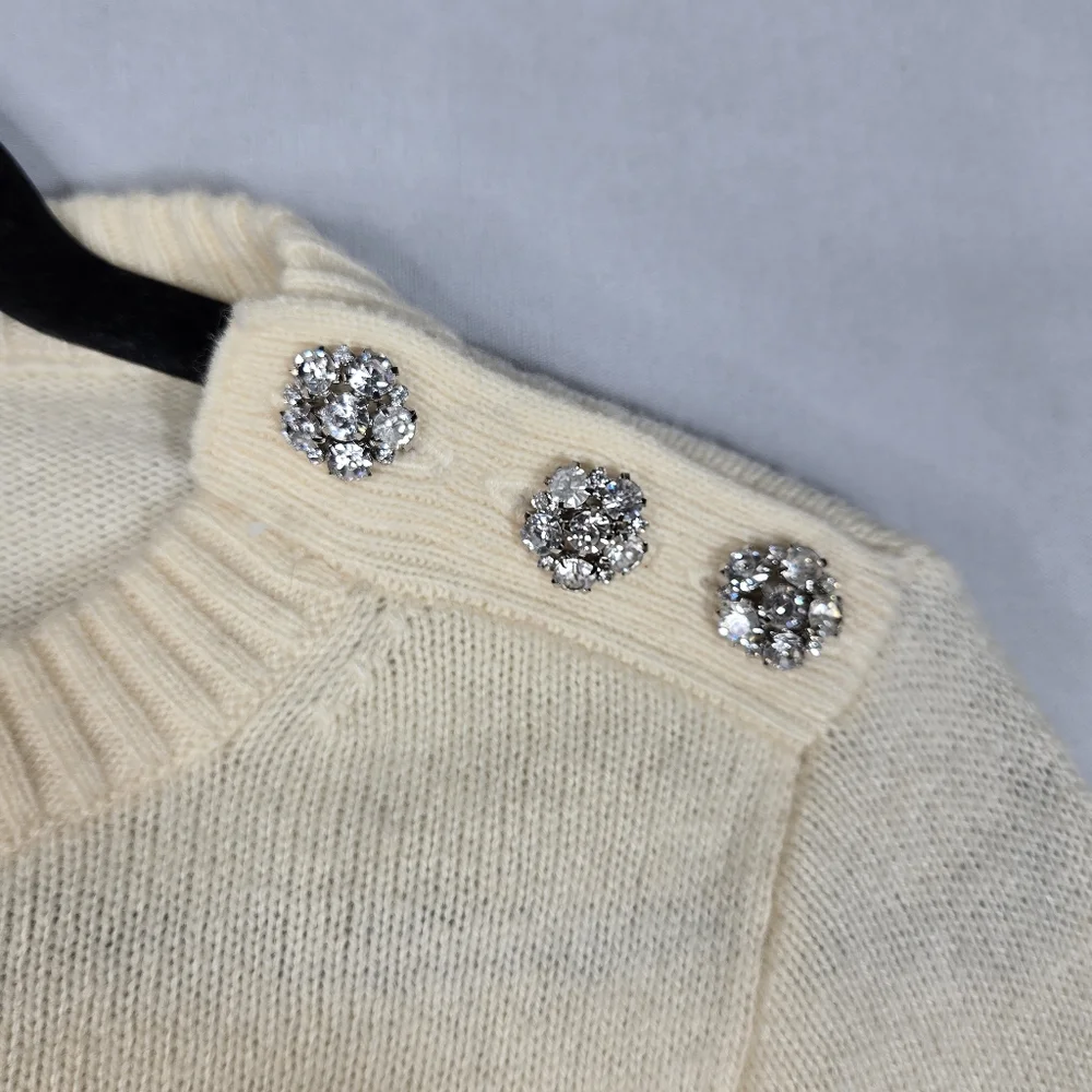 J. Crew Ivory Sweater Lambswool Blend Crew Neck Retro Rhinestone Trim Womens XS